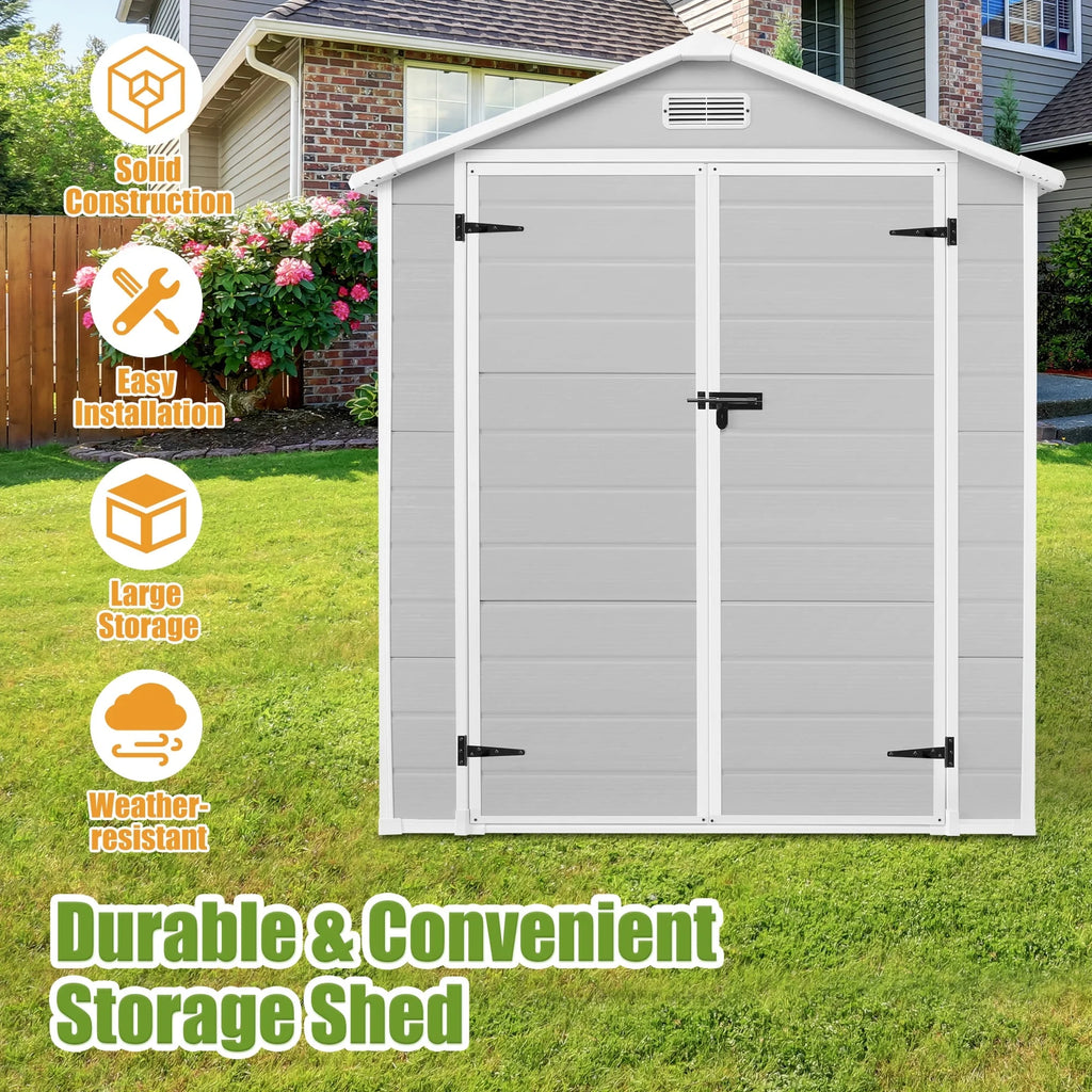 Enyopro 6 x 4.4FT Outdoor Storage Shed, All-Weather Plastic Resin Utility Tool Large Shed with Dual Lockable Doors for Patio Backyard Lawn, Gray