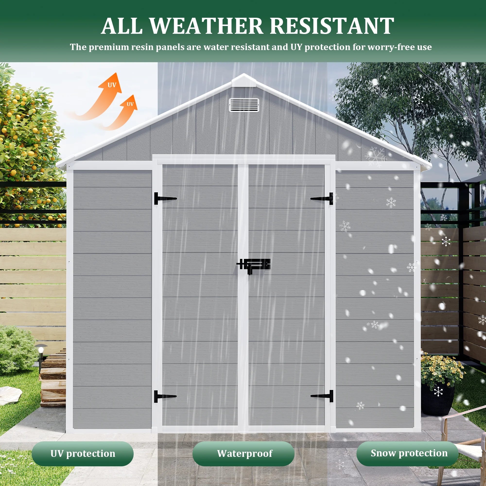 Enyopro 6 x 4.4FT Outdoor Storage Shed, All-Weather Plastic Resin Utility Tool Large Shed with Dual Lockable Doors for Patio Backyard Lawn, Gray