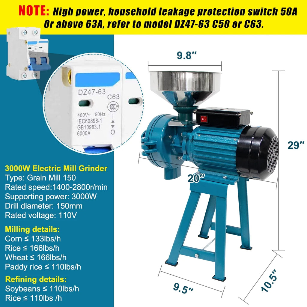 NAIZEA 3000W Electric Grain Mill, 110V Corn Grinder, Heavy Duty Commercial Feed Mill, Wet Dry Cereals Grinder