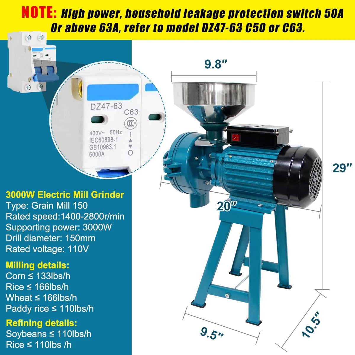 NAIZEA 3000W Electric Grain Mill, 110V Corn Grinder, Heavy Duty Commercial Feed Mill, Wet Dry Cereals Grinder