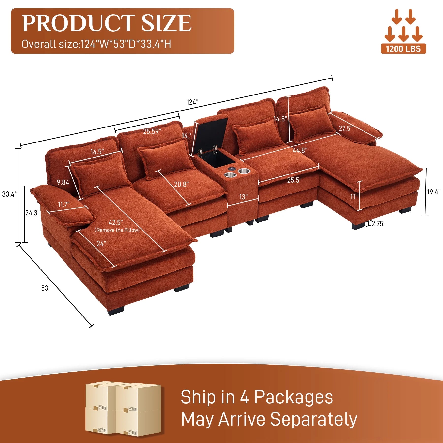 Wiilayok U Shaped Cloud Couch Modular Sectional Sofa 124" Extra Deep Fluffy Chenille Double Chaise Lounge, Central Console w/ Dual USB-C & A Ports, Storm Gray