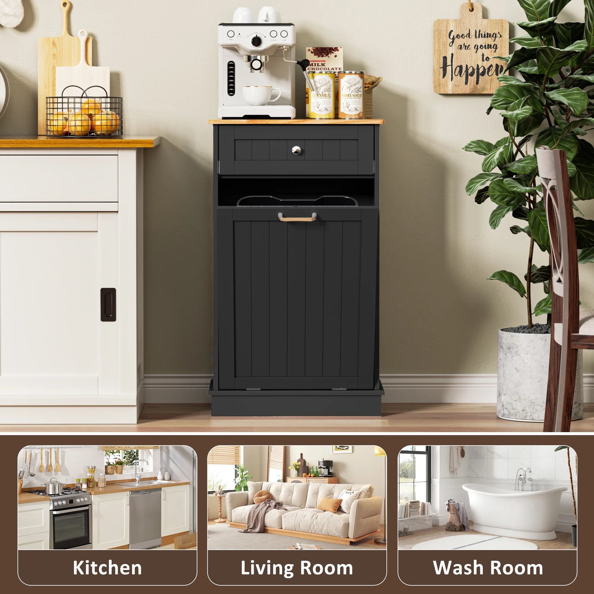HARIPUL Single Tilt Out Trash Cabinet for 13 Gallon Waste Bin, Free Standing Kitchen Trash Can Cabinet with Drawers, White