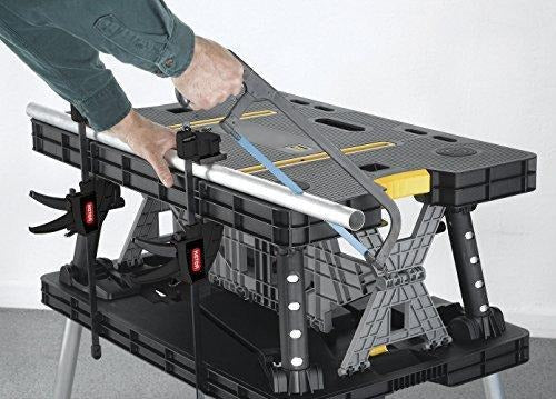 Keter �C 197283 Folding Table Work Bench for Miter Saw Stand, Woodworking Tools and Accessories with Included 12 Inch Wood Clamps �C Easy Garage Storage Black/Yellow