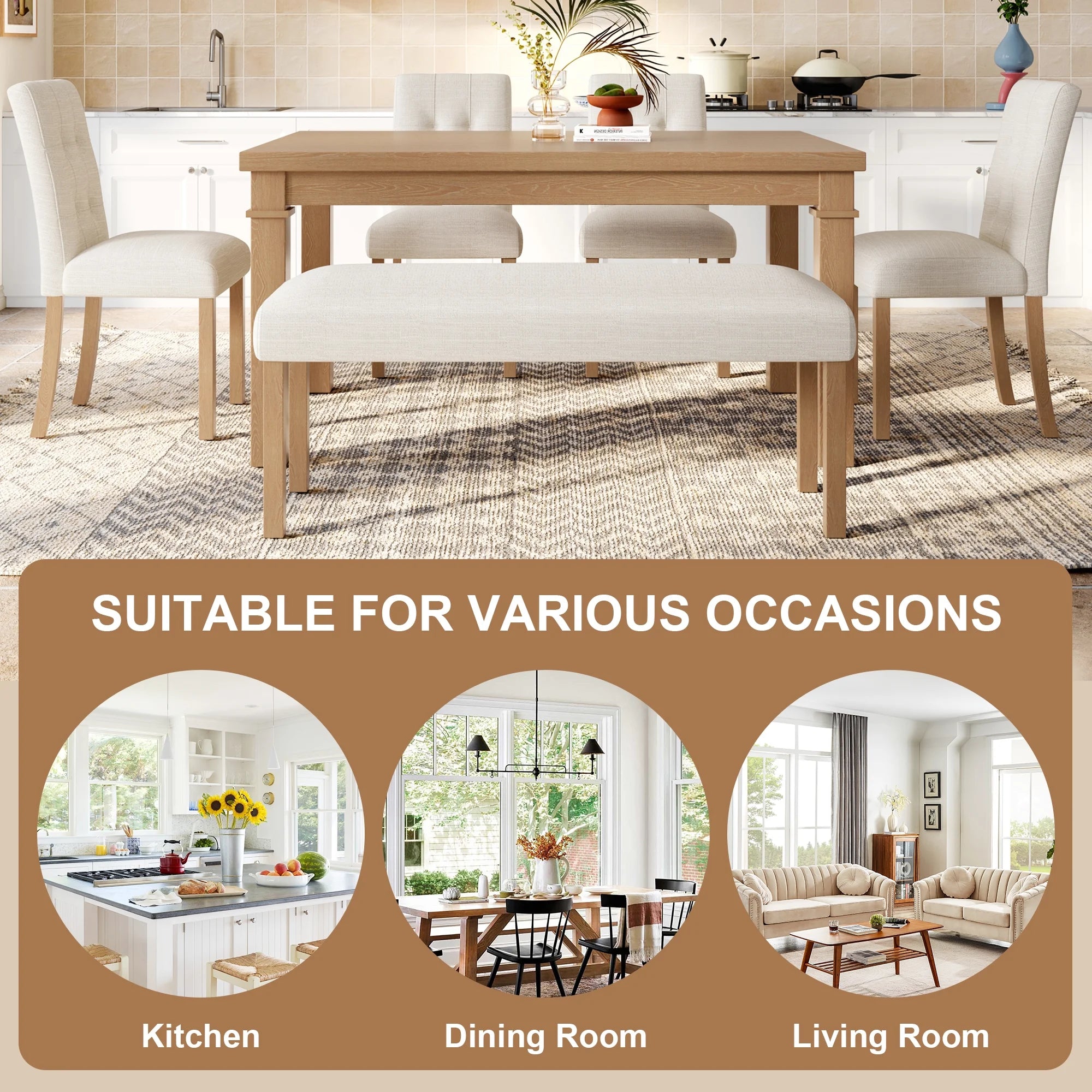 Euroco 6-Piece Wood Dining Table Set for 6, Modern Rectangular Kitchen Table with 4 Upholstered Chairs & Bench for Kitchen Dining Room,Walnut