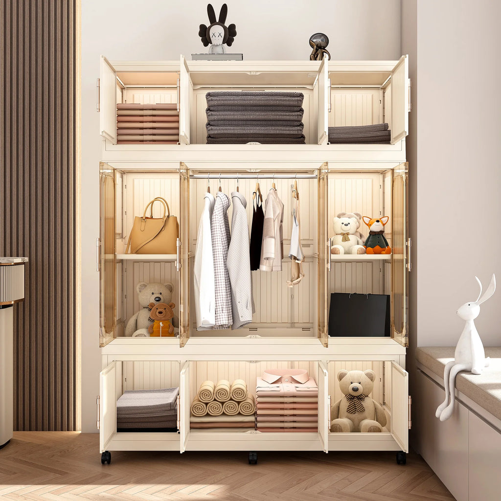 Montary Kids Portable Wardrobe w/ Magnetic Doors & Hanging Rod - 4-Cube Plastic Storage Cabinet,Nursery/Bedroom