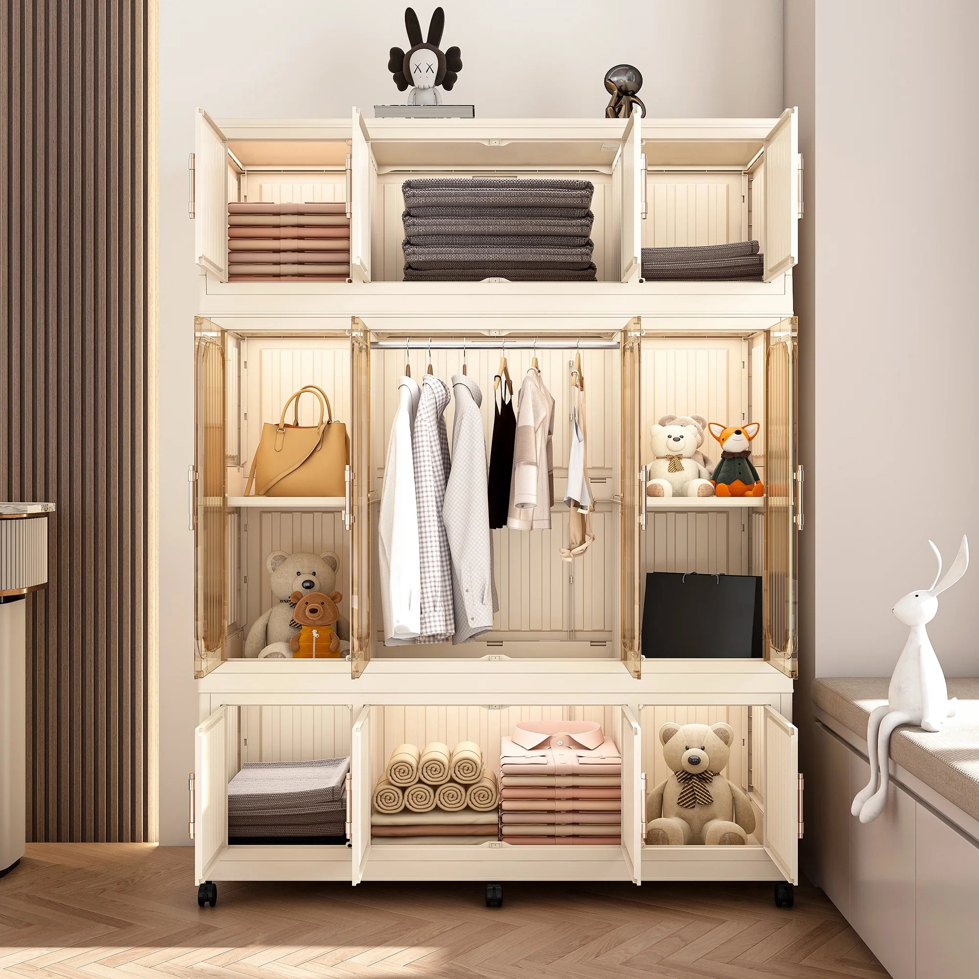 Montary Kids Portable Wardrobe w/ Magnetic Doors & Hanging Rod - 4-Cube Plastic Storage Cabinet,Nursery/Bedroom