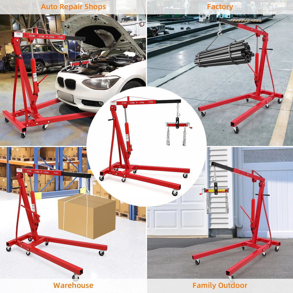 JoanKaren Hydraulic Engine Hoist,4400lbs Max Weight,Folding Engine Lift Shop Crane with Lever and 6 Steel Caster Wheels,Yellow