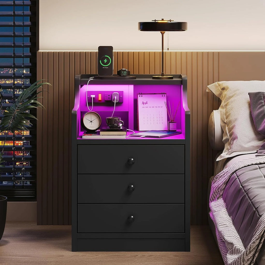 Nightstand with 3 Drawers and Shelves,Night Stand with LED Lights and USB Port Charging Station,LED Bedside Table with Hutch,Black