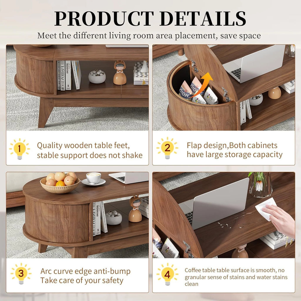 Fluted Coffee Table with Storage, Modern Coffee Tables, Wood Accent Center Table