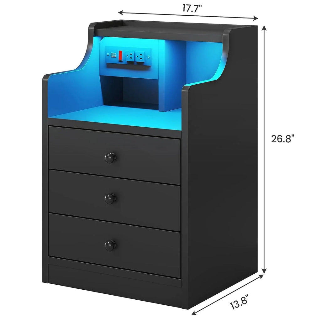 Nightstand with 3 Drawers and Shelves,Night Stand with LED Lights and USB Port Charging Station,LED Bedside Table with Hutch,Black