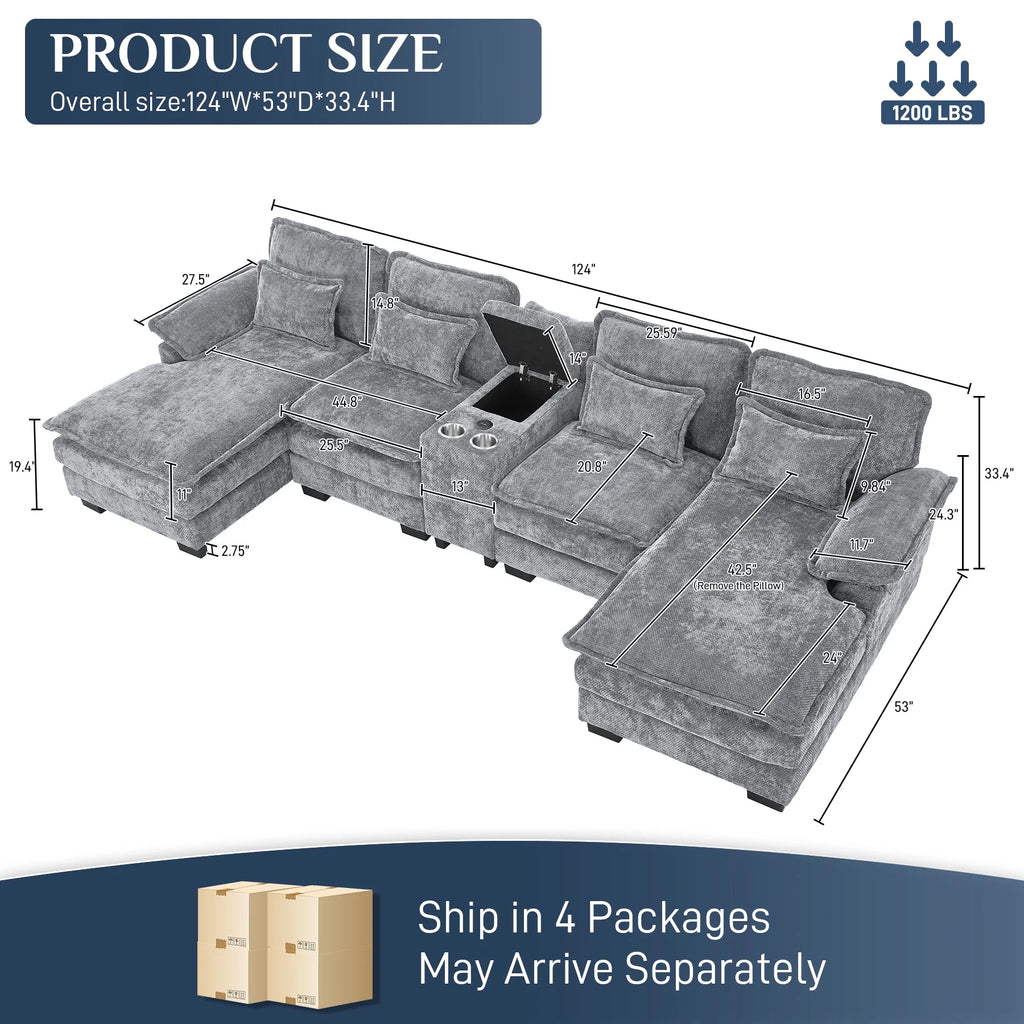 Wiilayok U Shaped Cloud Couch Modular Sectional Sofa 124" Extra Deep Fluffy Chenille Double Chaise Lounge, Central Console w/ Dual USB-C & A Ports, Storm Gray