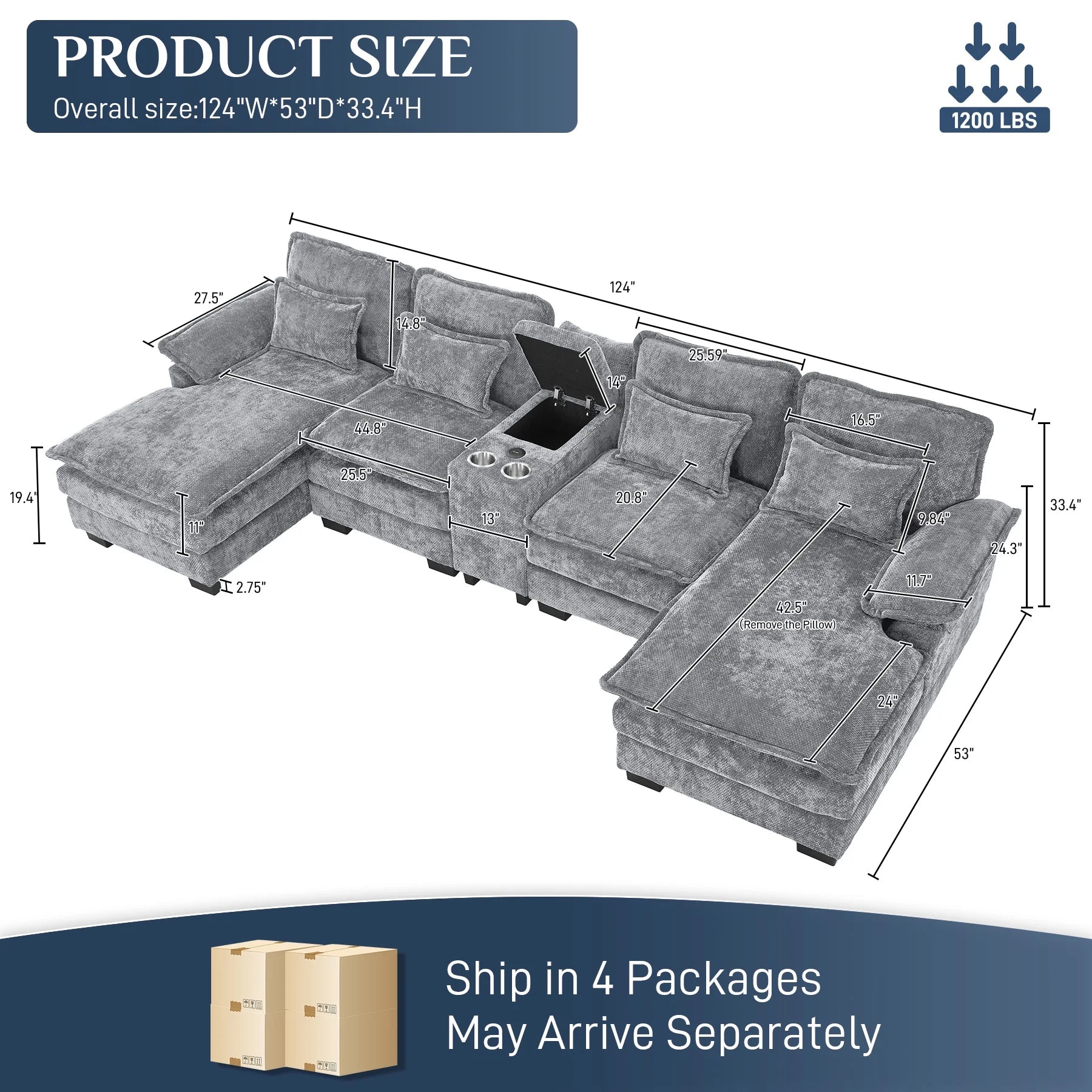 Wiilayok U Shaped Cloud Couch Modular Sectional Sofa 124" Extra Deep Fluffy Chenille Double Chaise Lounge, Central Console w/ Dual USB-C & A Ports, Storm Gray