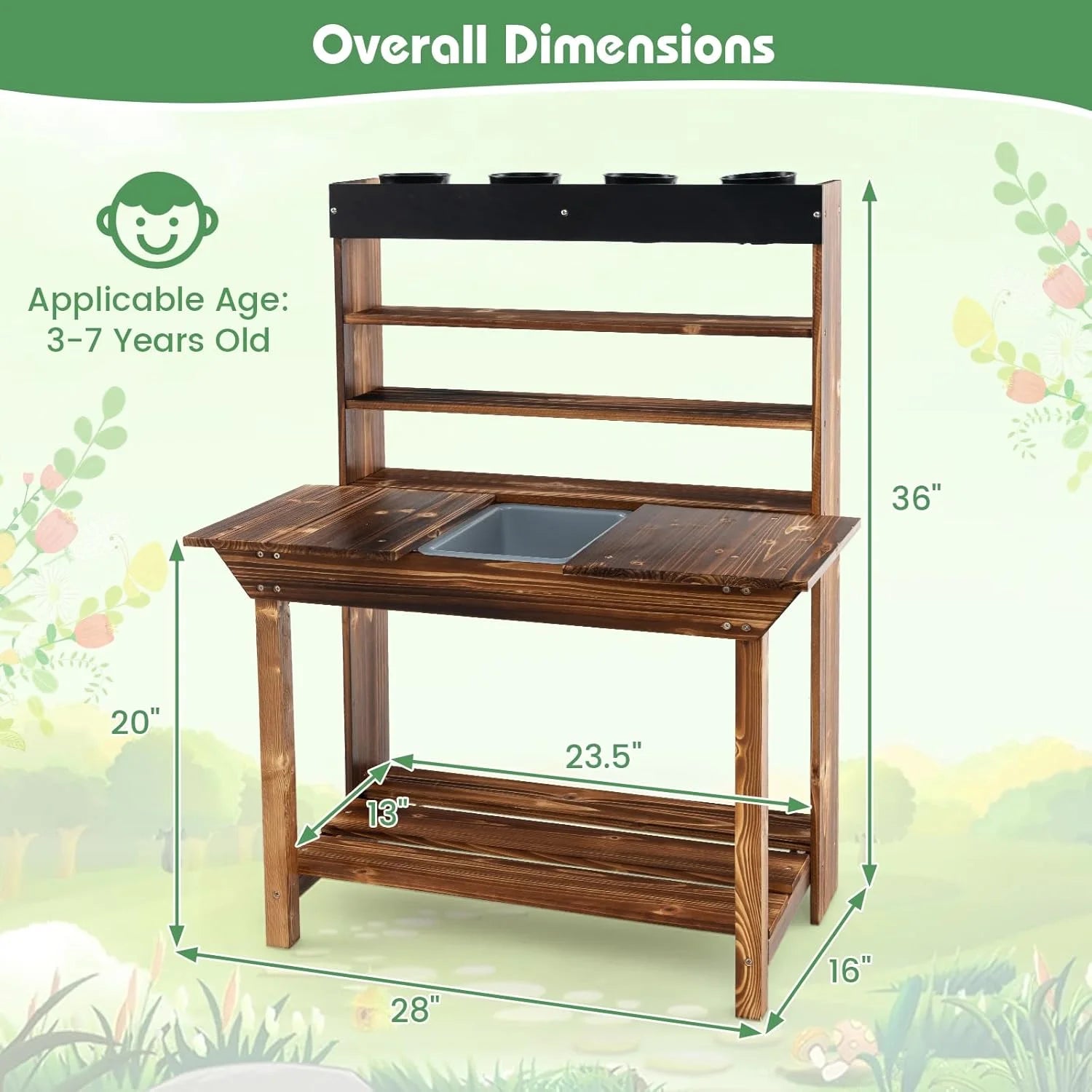 DORTALA Kids Potting Bench, Fir Wood Outdoor Mud Table with Removable Sink, 4 Pots, Chalkboard, Storage Shelves, Garden Kid Kitchen Playset, Mud Kitchen for Kids Outdoor