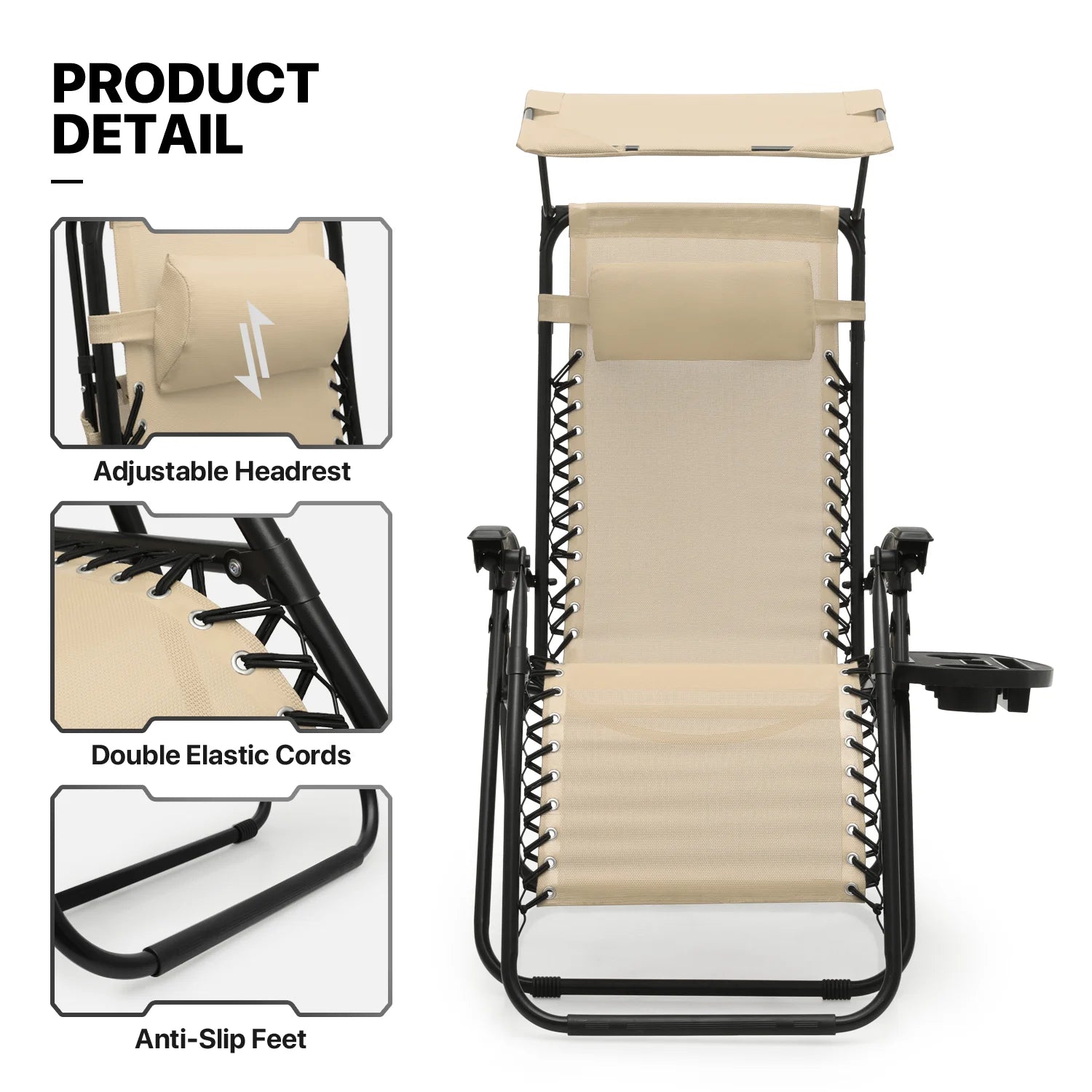 MoNiBloom Zero Gravity Chairs Set of 2, Folding Outdoor Patio Beach Recliner with Canopy Shade & Headrest, Black