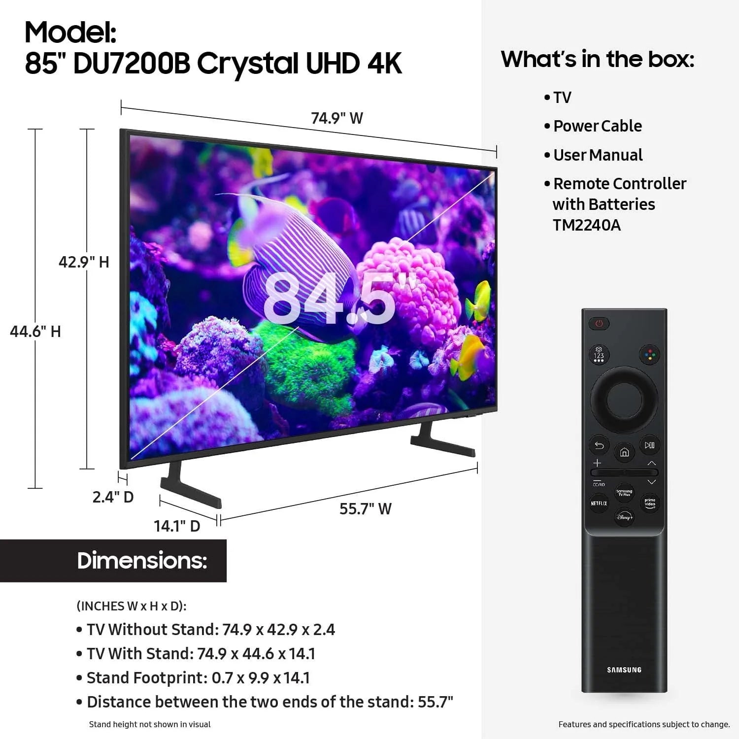 Samsung 85��� Crystal UHD 4K Smart TV with PurColor & HDR �C DU7200B 2024 Model