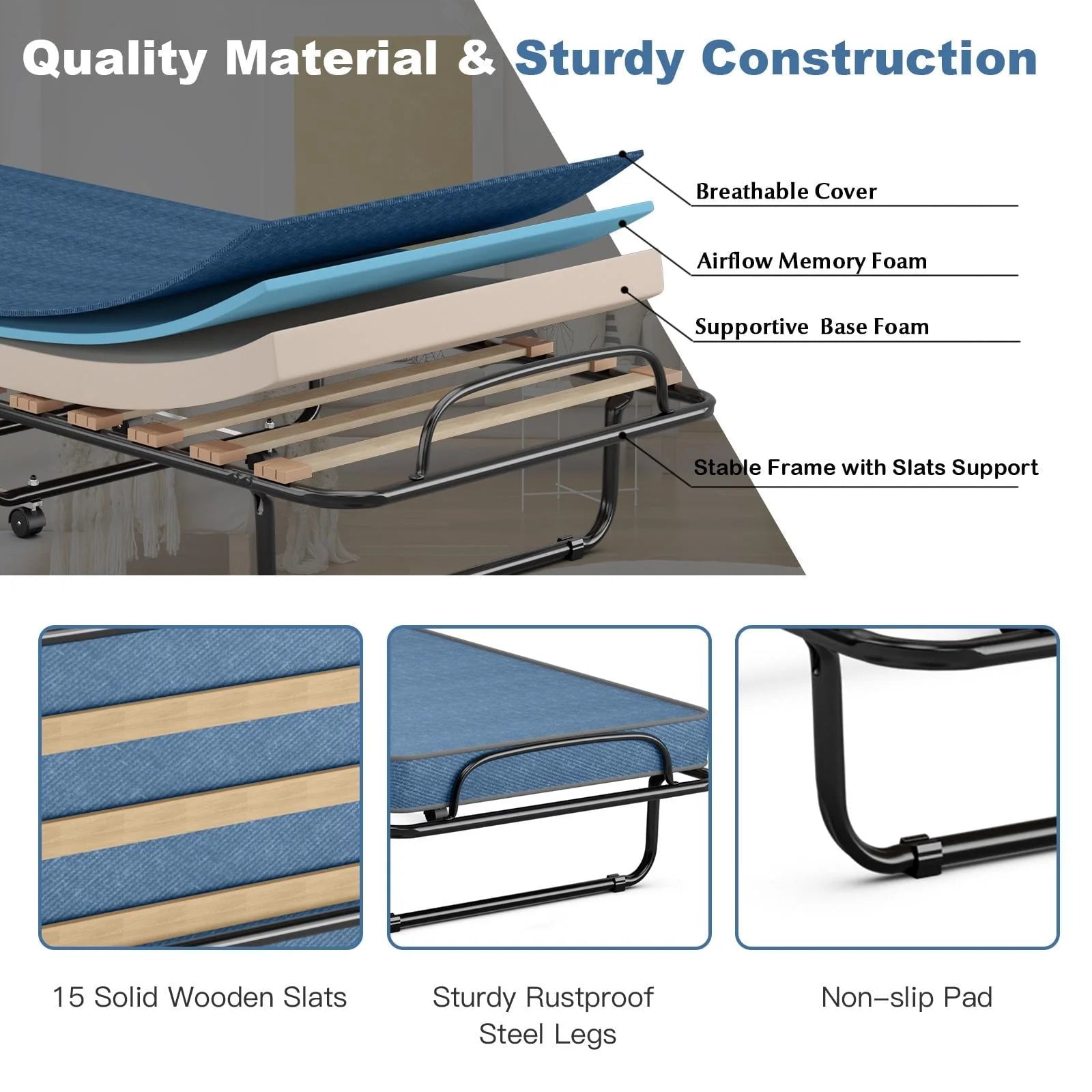 Giantex Rollaway Bed with Memory Foam Mattress, Folding Portable Guest Cot Size w/Sturdy Metal Frame for Home, Garden & Office, Made in Italy (Navy)