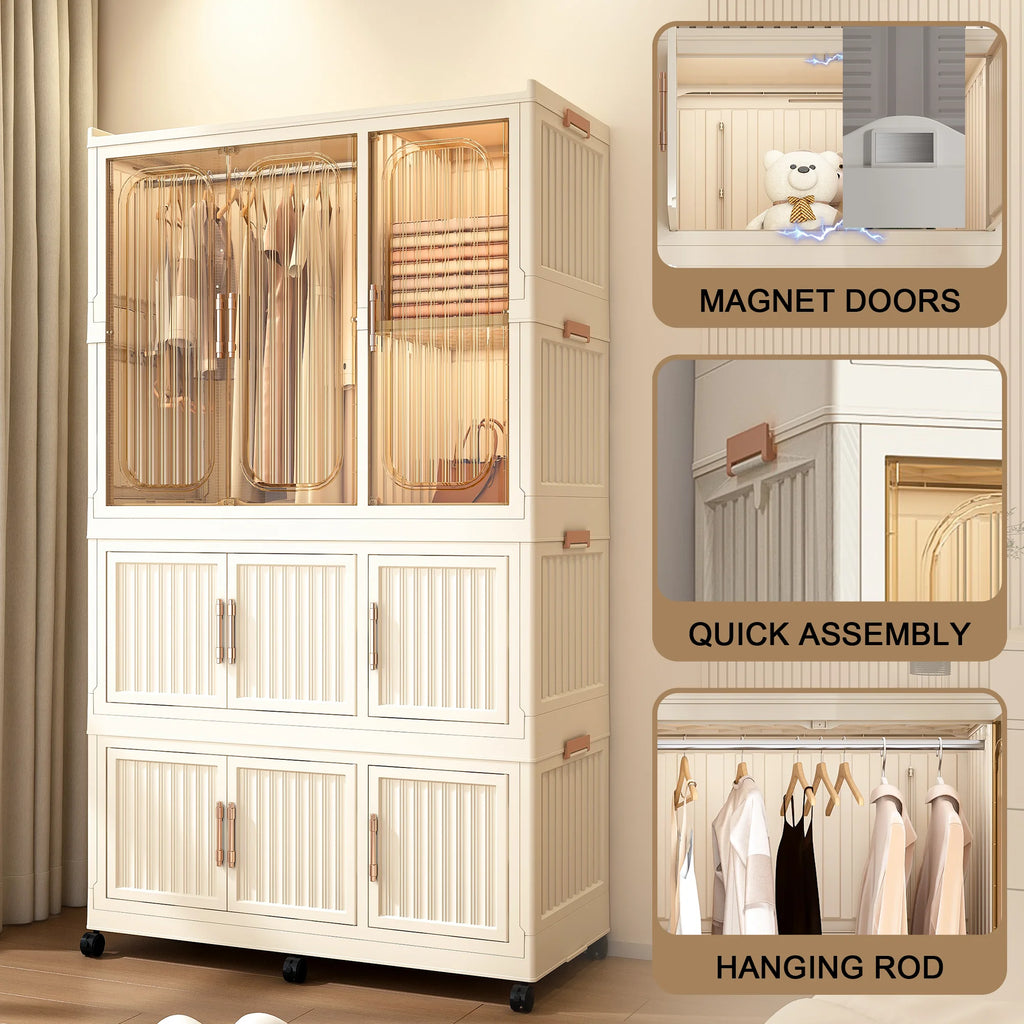 Montary Kids Portable Wardrobe w/ Magnetic Doors & Hanging Rod - 4-Cube Plastic Storage Cabinet,Nursery/Bedroom