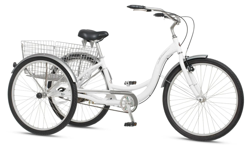 2025 Schwinn Meridian Adult Tricycle, Men's and Women's Beach Cruiser, 26-inch Wheels, Low Step-Through, Wide Saddle, Folding Rear Basket.