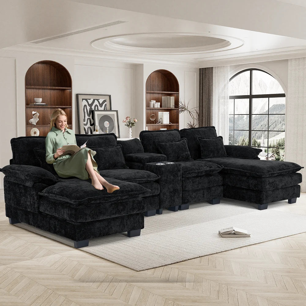 Wiilayok U Shaped Cloud Couch Modular Sectional Sofa 124" Extra Deep Fluffy Chenille Double Chaise Lounge, Central Console w/ Dual USB-C & A Ports, Storm Gray
