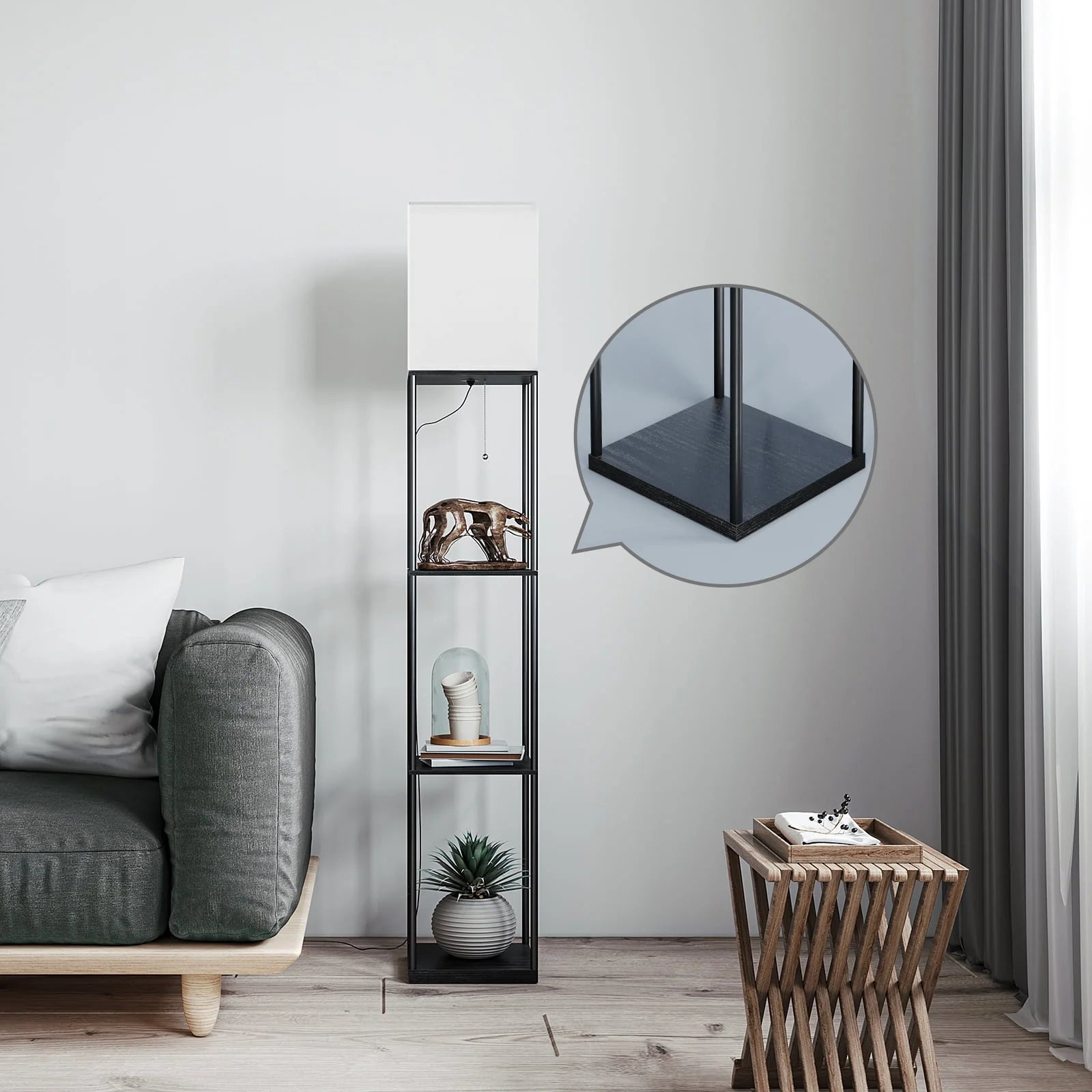 Modern Iron Shelf Floor Lamp with 3-Way Dimmable LED Bulb, Shelves and White Shade for Living Room and Bedroom(Black)
