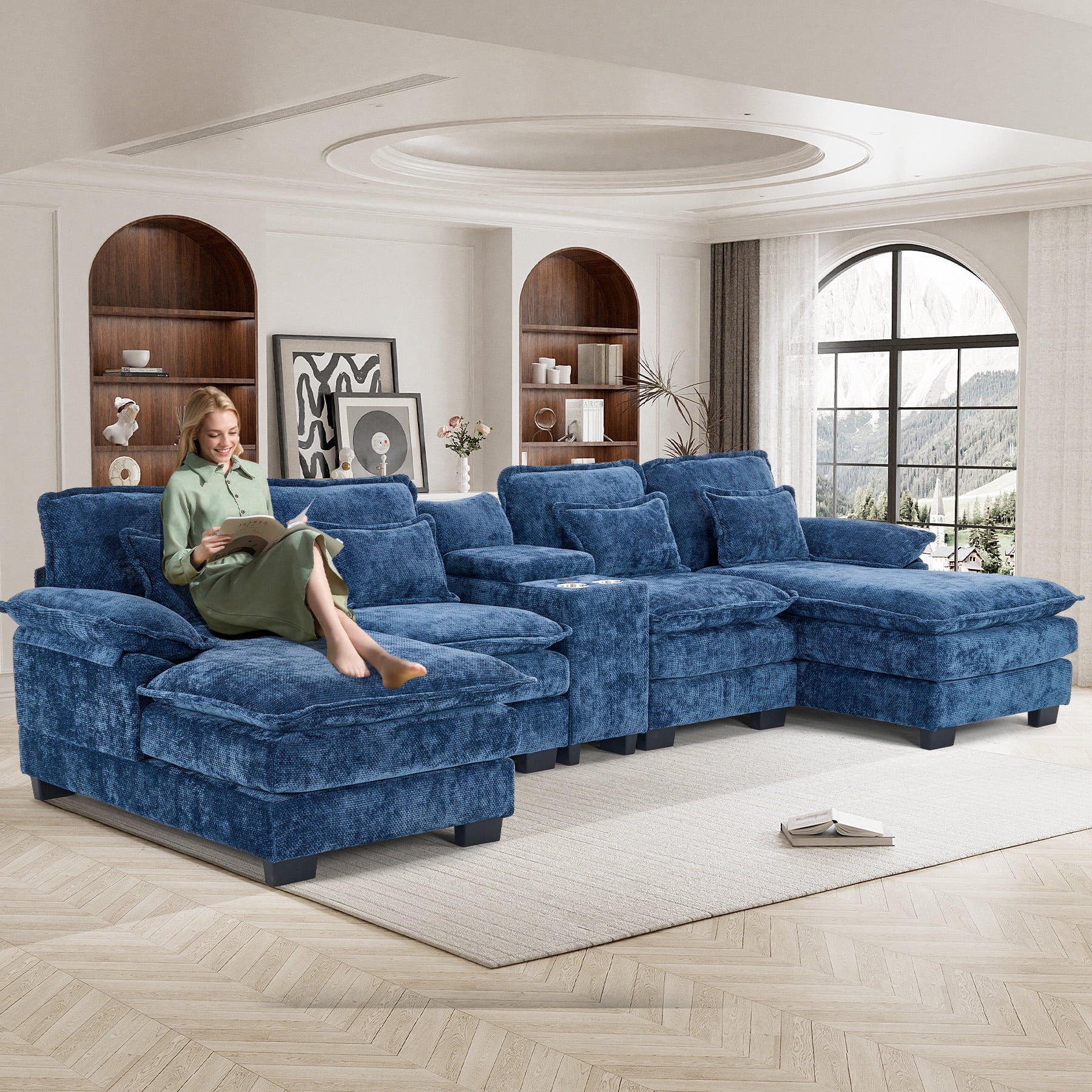 Wiilayok U Shaped Cloud Couch Modular Sectional Sofa 124" Extra Deep Fluffy Chenille Double Chaise Lounge, Central Console w/ Dual USB-C & A Ports, Storm Gray