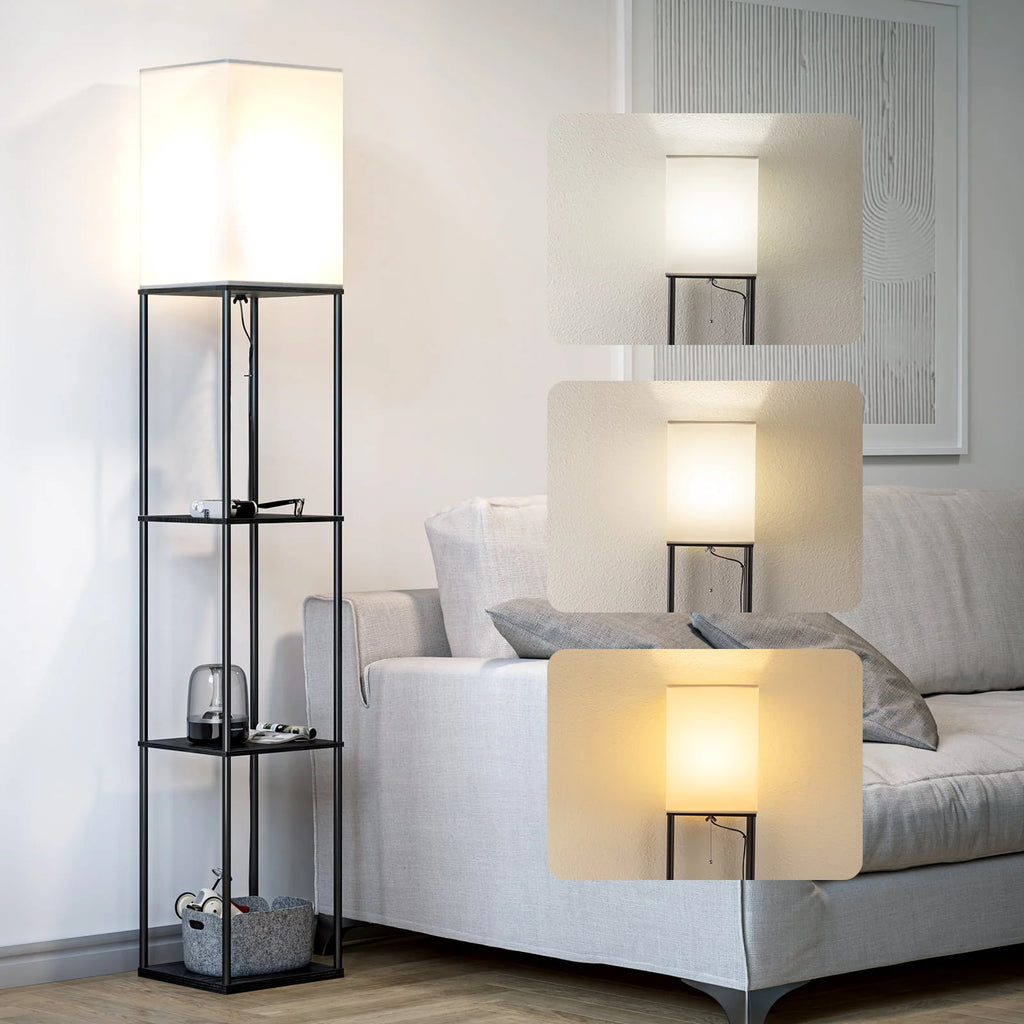 Modern Iron Shelf Floor Lamp with 3-Way Dimmable LED Bulb, Shelves and White Shade for Living Room and Bedroom(Black)