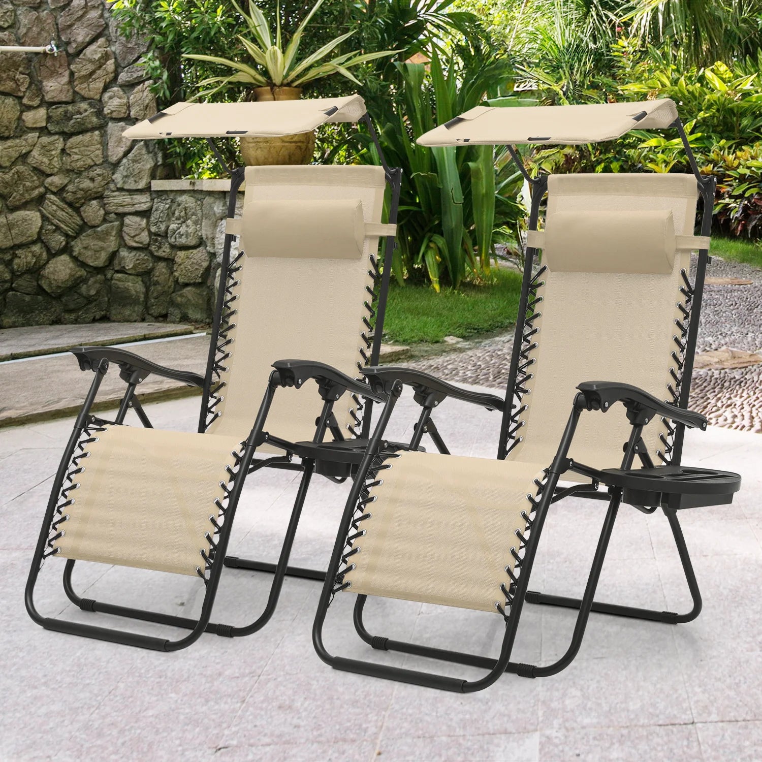 MoNiBloom Zero Gravity Chairs Set of 2, Folding Outdoor Patio Beach Recliner with Canopy Shade & Headrest, Black