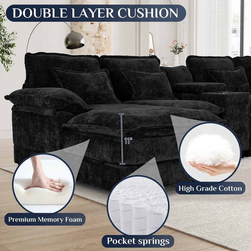 Wiilayok U Shaped Cloud Couch Modular Sectional Sofa 124" Extra Deep Fluffy Chenille Double Chaise Lounge, Central Console w/ Dual USB-C & A Ports, Storm Gray