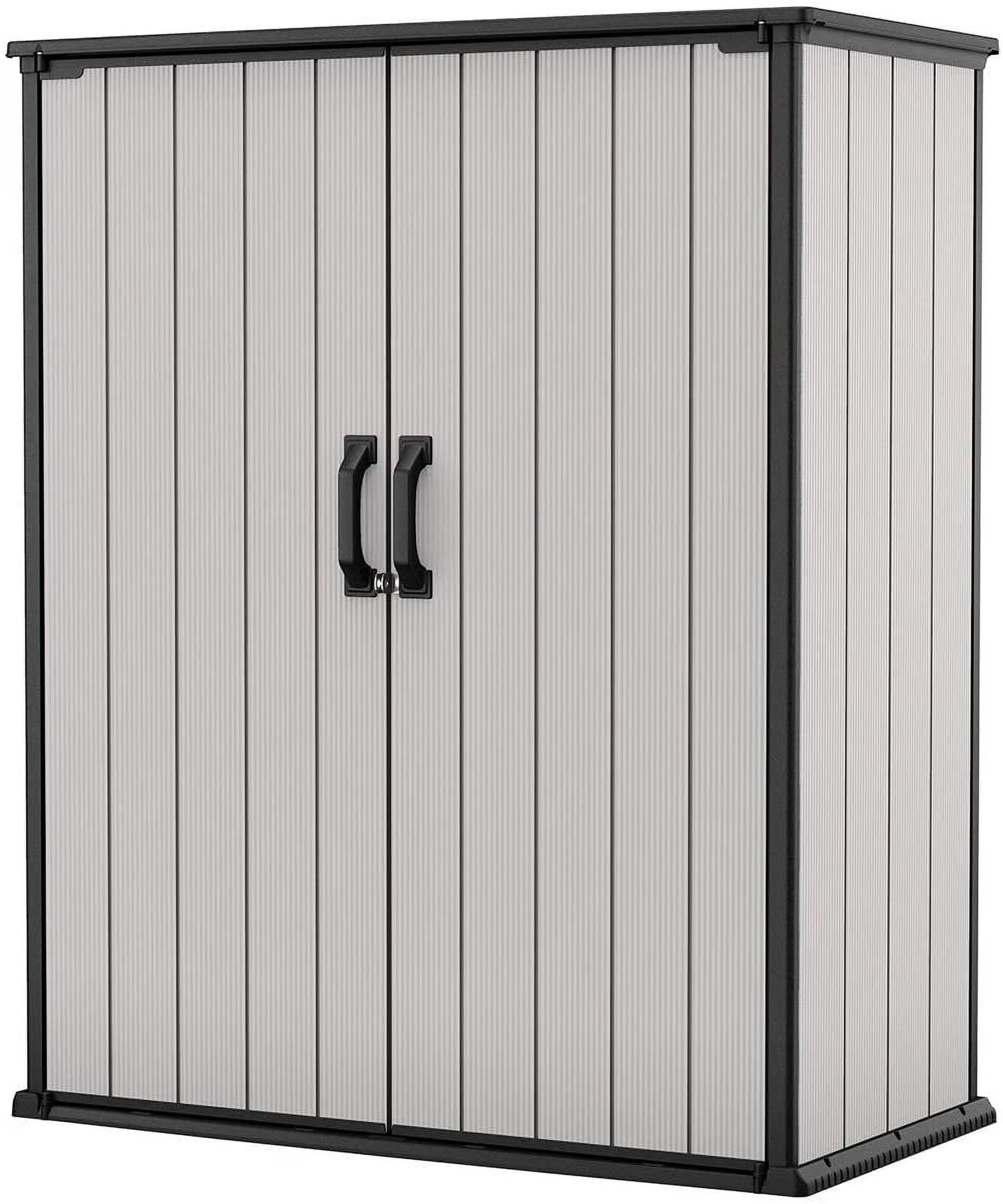 Keter Premier Tall Vertical Durable Resin Outdoor Storage Shed With Floor and Locking Double Doors, Grey