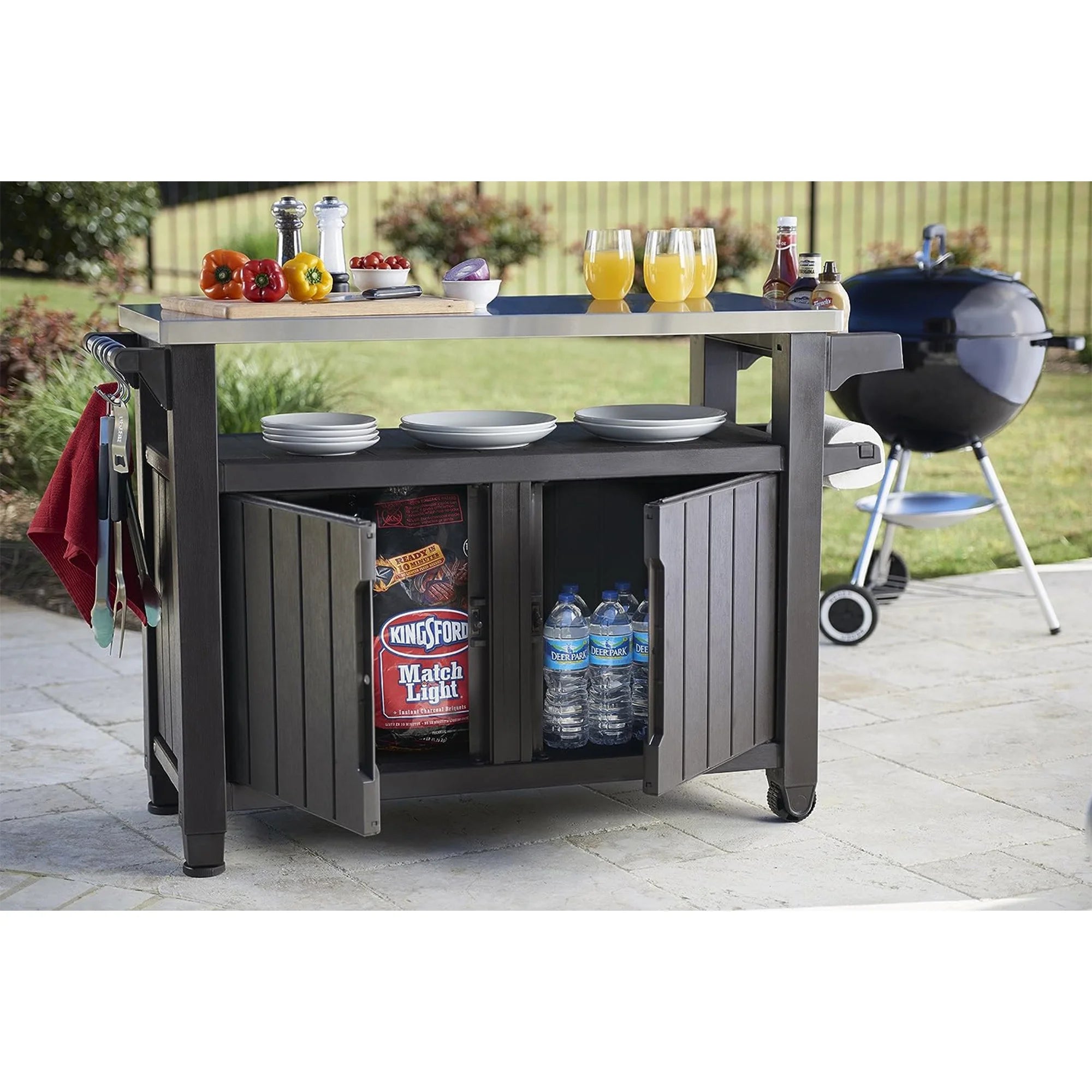 Keter Unity XL Outdoor Durable Kitchen Rolling Bar Cart with Storage Cabinet, Brown