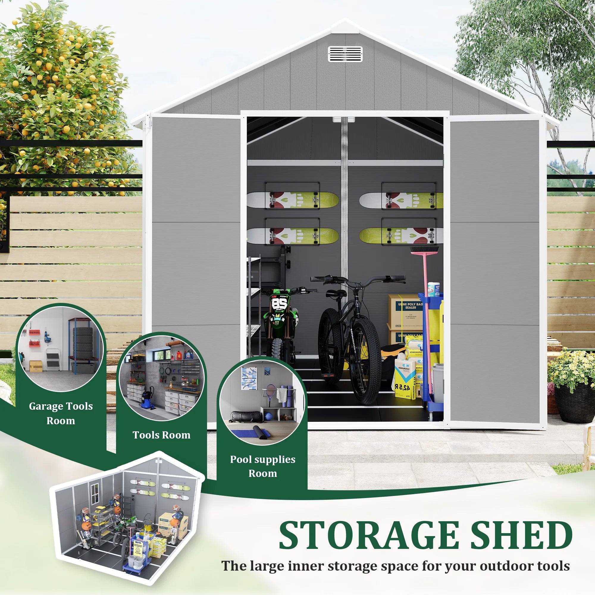 Enyopro 6 x 4.4FT Outdoor Storage Shed, All-Weather Plastic Resin Utility Tool Large Shed with Dual Lockable Doors for Patio Backyard Lawn, Gray