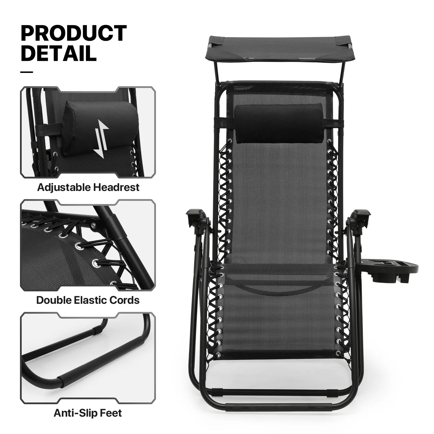 MoNiBloom Zero Gravity Chairs Set of 2, Folding Outdoor Patio Beach Recliner with Canopy Shade & Headrest, Black