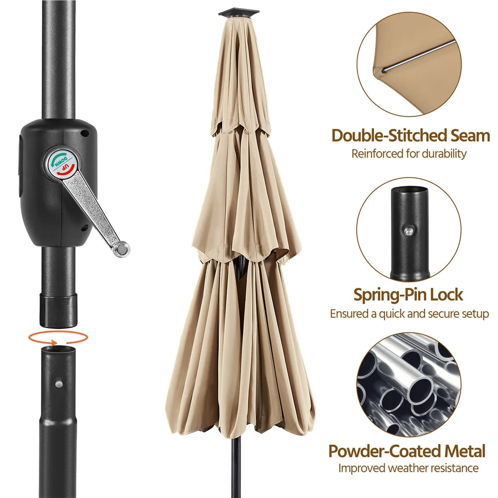 Renwick 10 Ft Outdoor Patio Parasol with Color-Changing LED Strip, Tan
