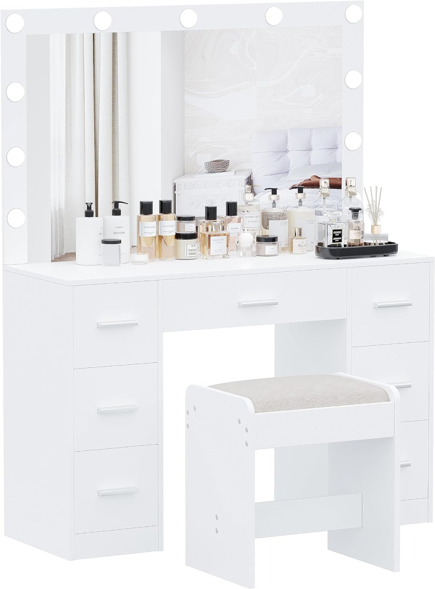 Vanity Desk with Stool, Makeup Table with Lighted Mirror, 3 Color Lighting Modes, Brightness Adjustable, Dressing Table