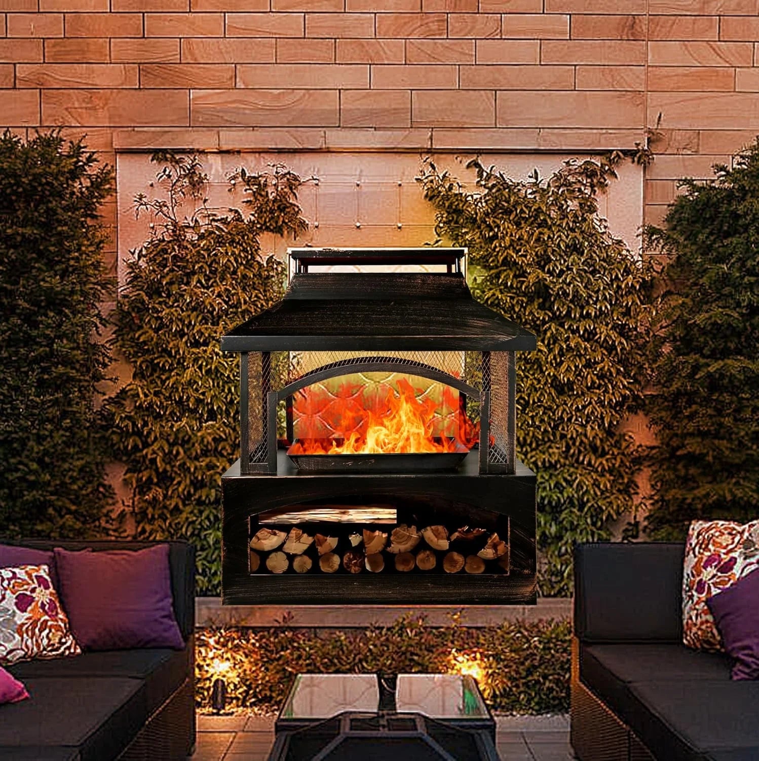Large Outdoor Wood Burning Fireplace, house shape Outdoor Log Burner Fire Pit with Log Grate and Poker, 37" x 32" x 18" Large Metal Firepit for Patio Garden Backyard, Black