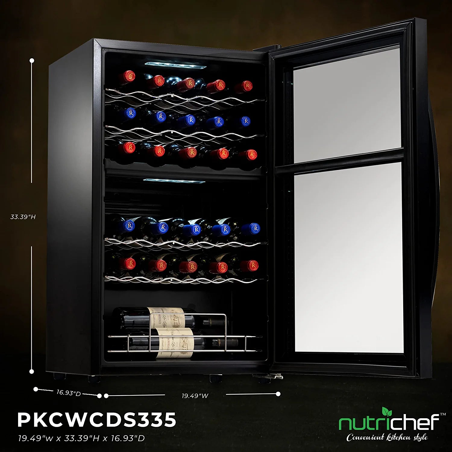 NutriChef 33 Bottle Dual-Zone Refrigerator PKCWCDS335