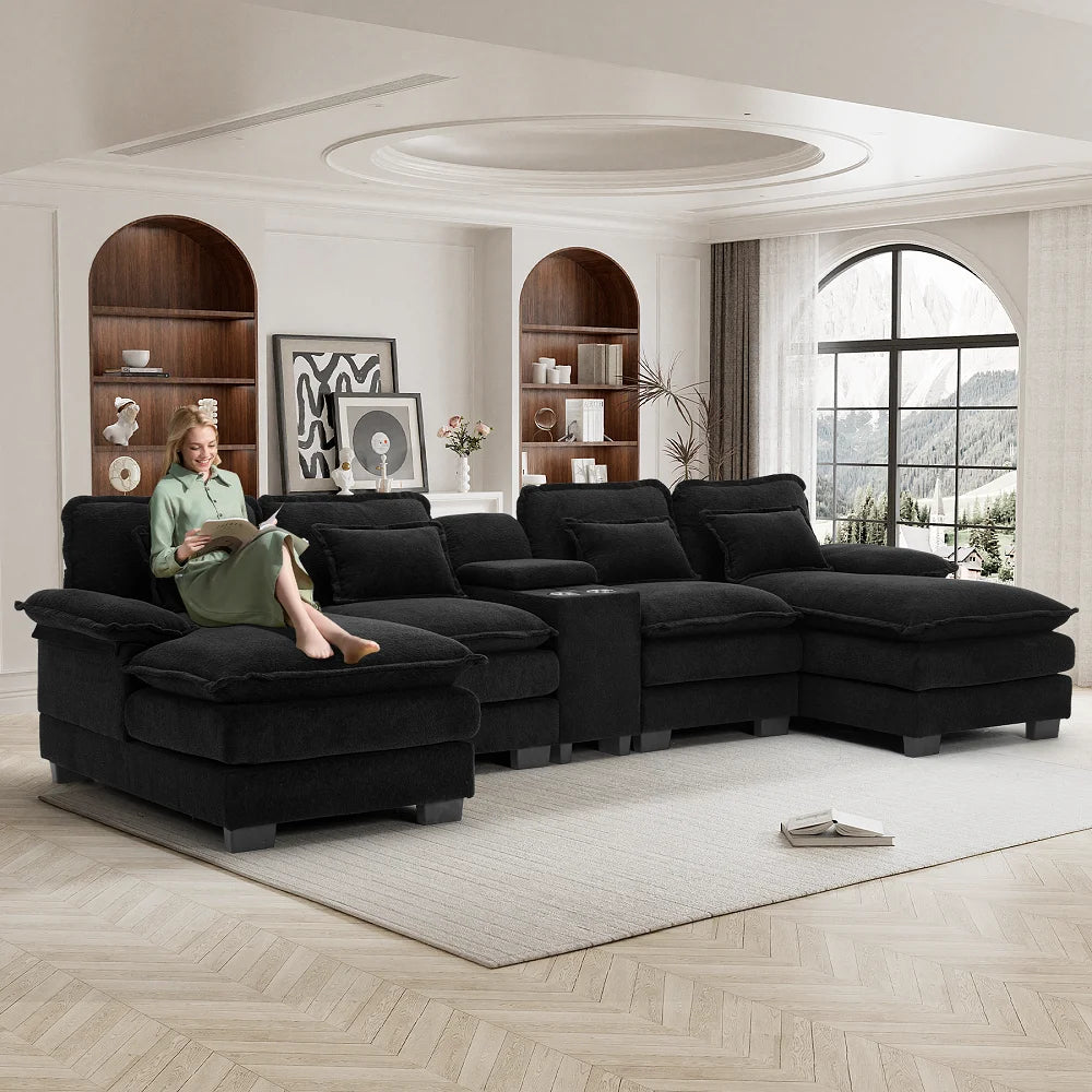 Wiilayok U Shaped Cloud Couch Modular Sectional Sofa 124" Extra Deep Fluffy Chenille Double Chaise Lounge, Central Console w/ Dual USB-C & A Ports, Storm Gray