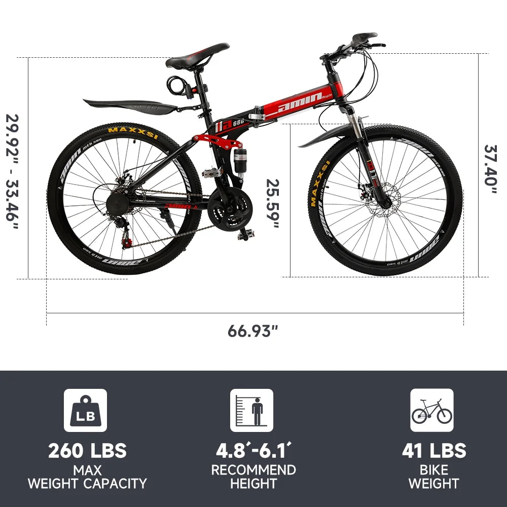 Artudatech Folding Mountain Bike 26 Inch Shimano 21 Speed Dual Disc Brake - Adult - Red
