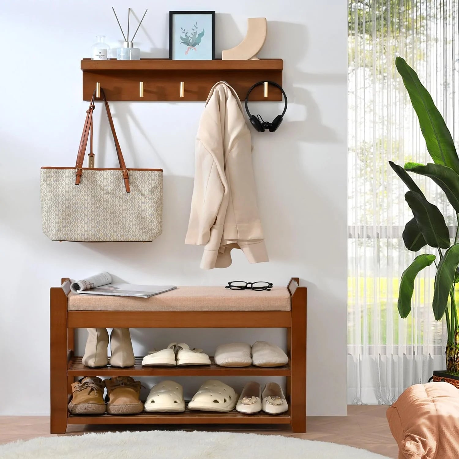Shoe Rack for Front Door Entrance, 28?? Entryway Bench with Coat Rack, Hall Tree Shoe Bench with Storage for Entry, Hallway, Bedroom, Living Room