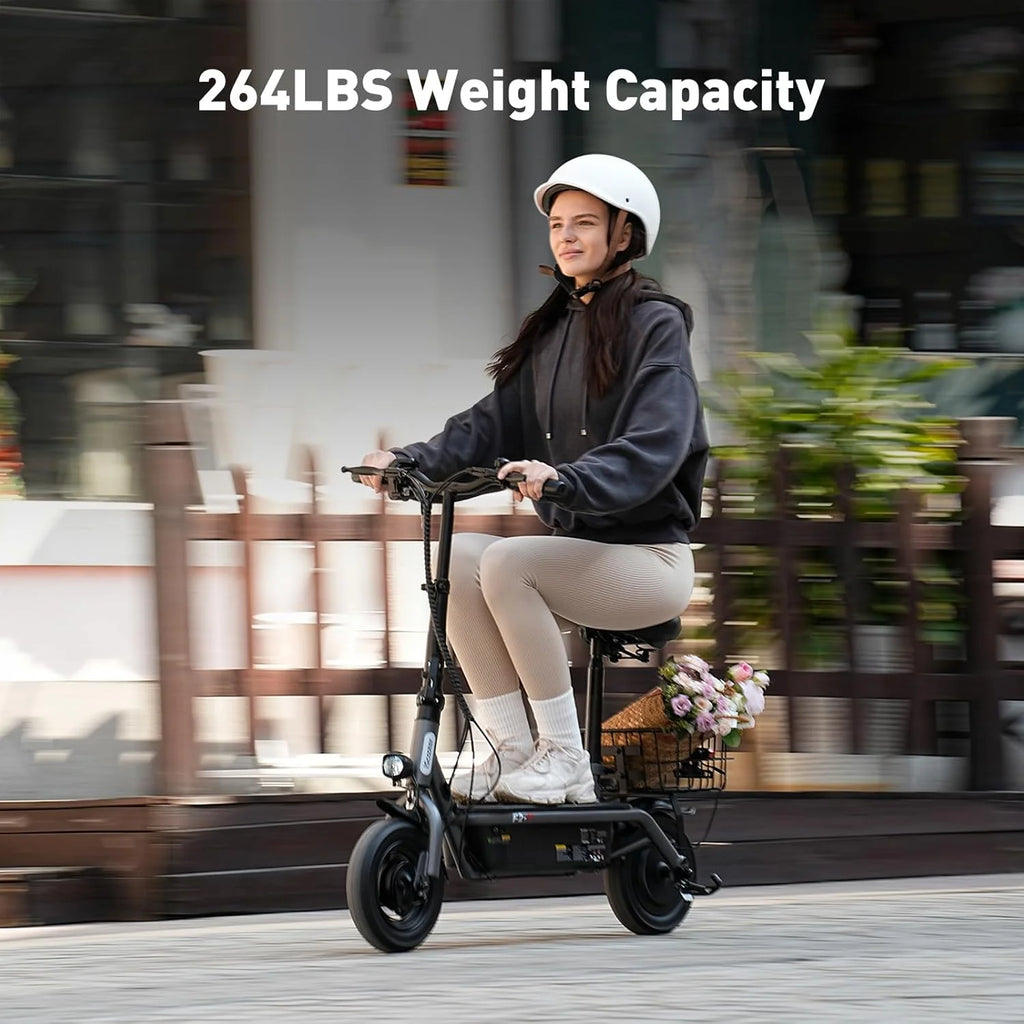 iScooter electric scooter with seat, 37/21 mile range, 28/19/15.6 mph top speed, dual suspension scooter with basket