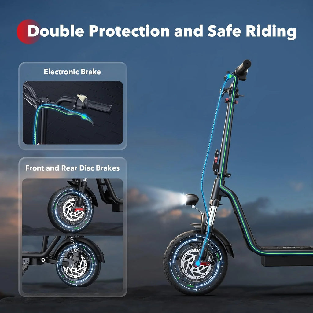iScooter electric scooter with seat, 37/21 mile range, 28/19/15.6 mph top speed, dual suspension scooter with basket