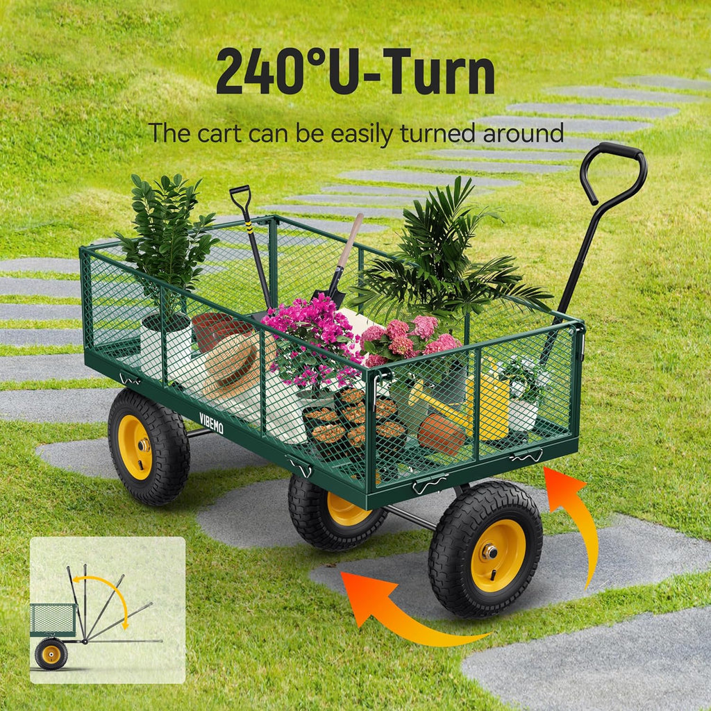 Steel Garden Cart, 2-in-1 1400 lbs Heavy Duty Utility Wagon, with Removable Mesh Sides to Convert into Flatbed, 240�� U-Turn 13" Pneumatic Tires Garden Wagon for Farm Yard Lawn Garden Camping