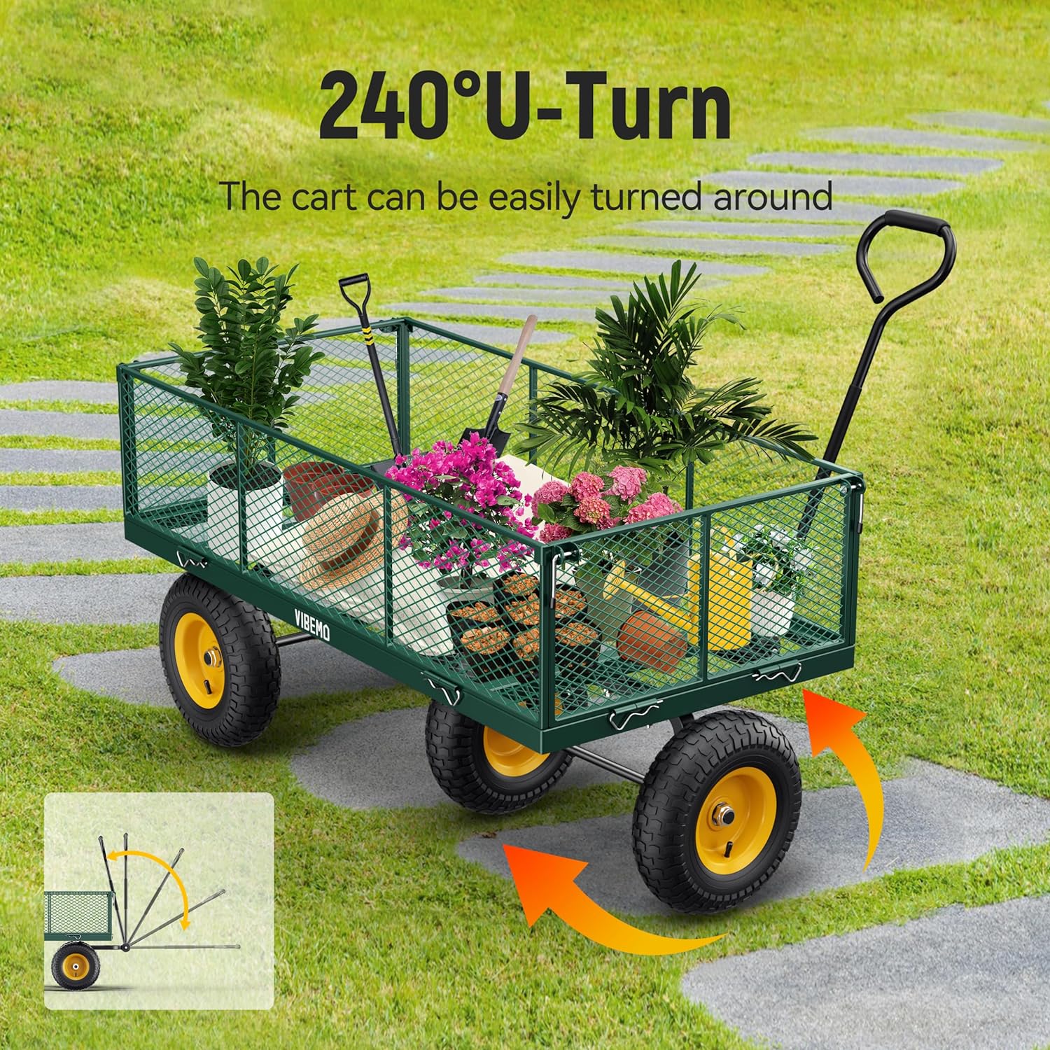Steel Garden Cart, 2-in-1 1400 lbs Heavy Duty Utility Wagon, with Removable Mesh Sides to Convert into Flatbed, 240�� U-Turn 13" Pneumatic Tires Garden Wagon for Farm Yard Lawn Garden Camping