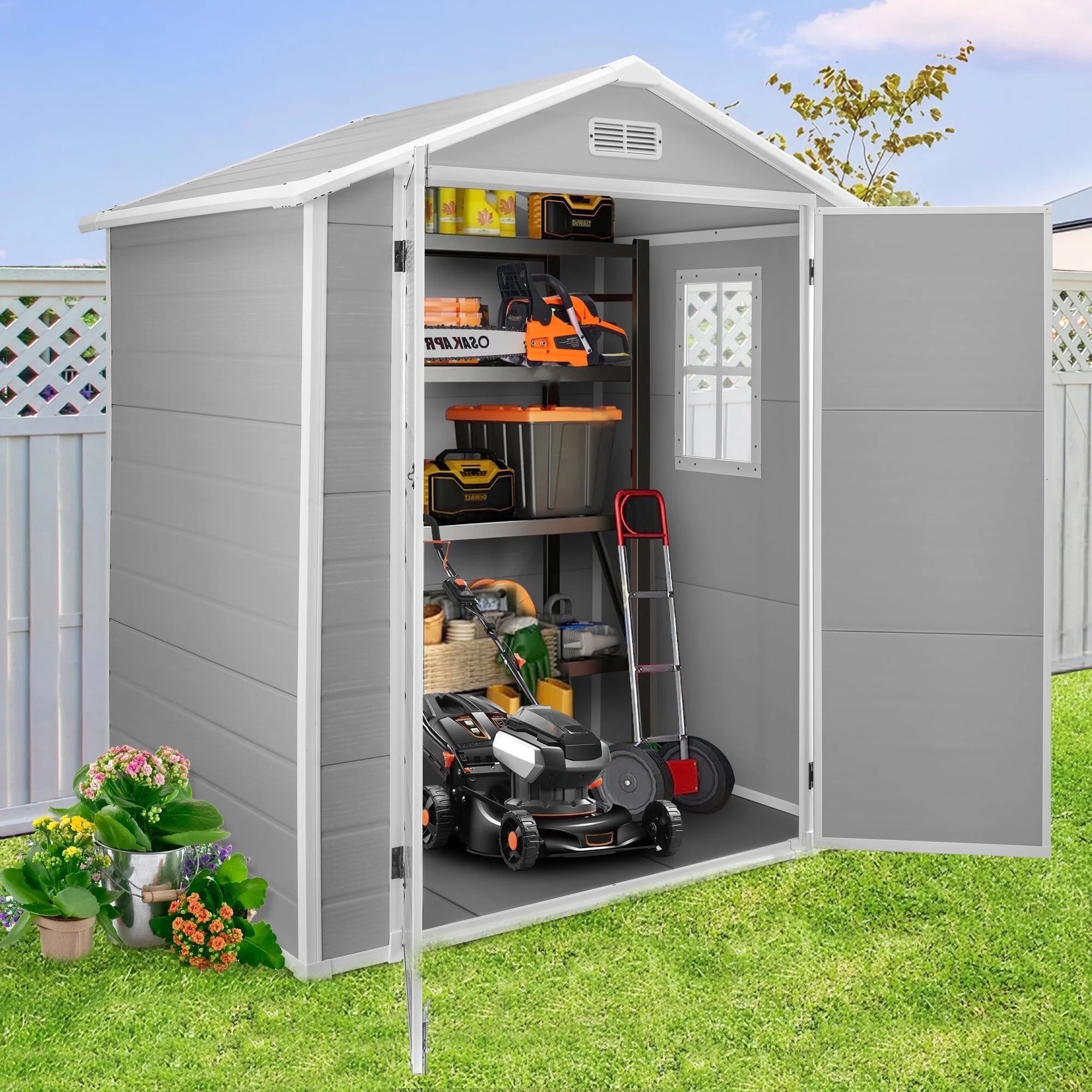 Enyopro 6 x 4.4FT Outdoor Storage Shed, All-Weather Plastic Resin Utility Tool Large Shed with Dual Lockable Doors for Patio Backyard Lawn, Gray
