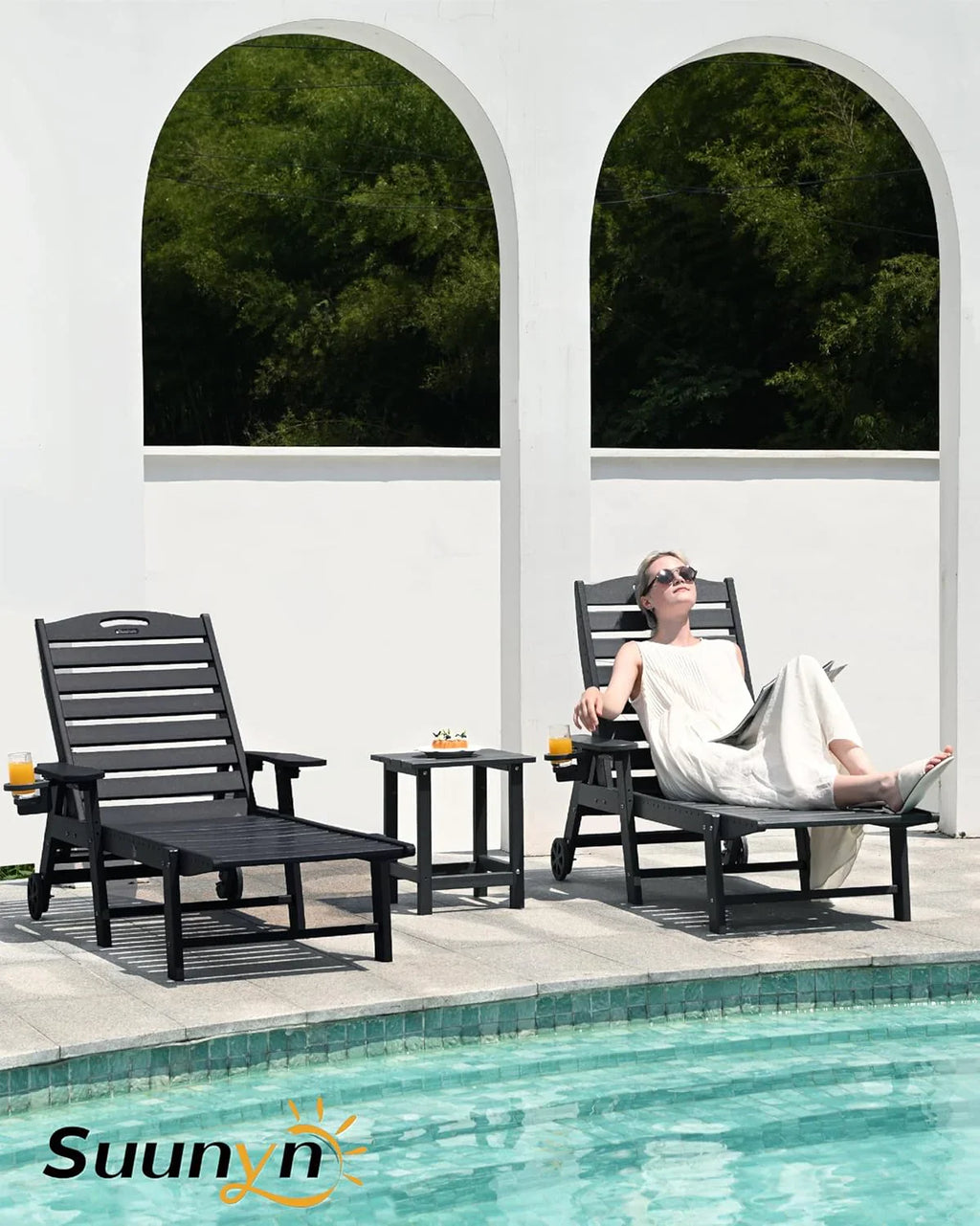 Lounge Chair Outdoor, Chaise Lounge, HDPE 6-Position Outdoor Chaise Lounge, Patio Lounge Chair with Wheels & Cup Holder for Pool Poolside Deck Backyard, Teak