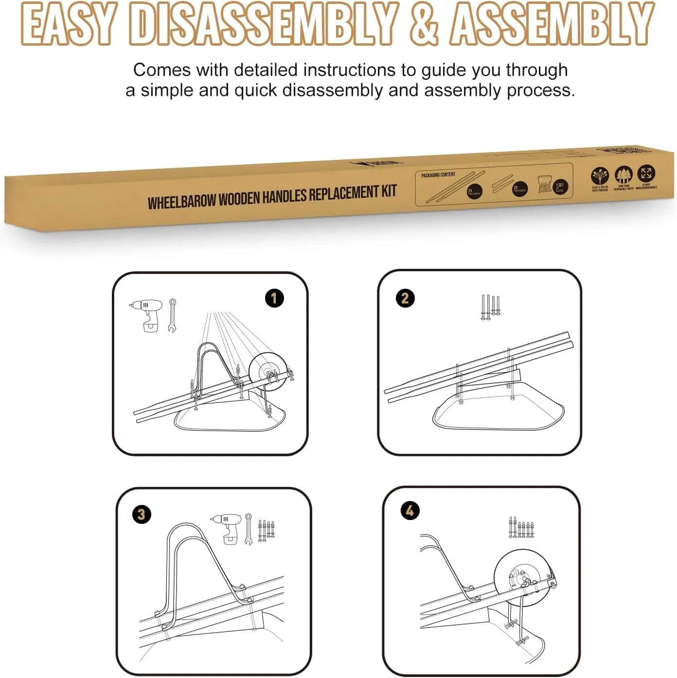 Wheelbarrow Replacement Handle Kit ?C 2 Pre-Drilled Heavy-Duty FSC Eco-Wood Handles, Universal Fit + Bolts, Nuts & Wedges (Plant a Tree)