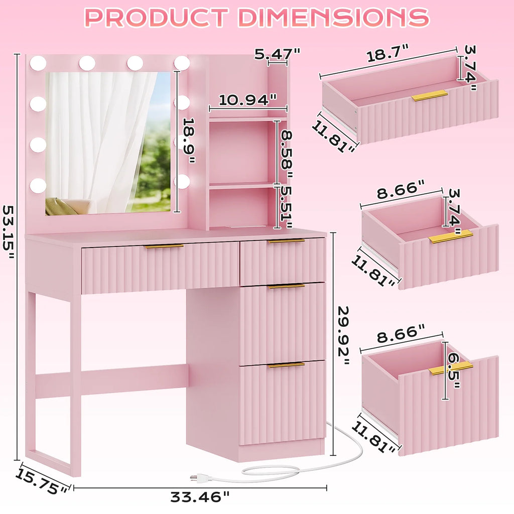 Ktaxon Vanity Set with 3 Color Lighted Mirror, Makeup Table with 3 Storage Shelves & Drawers, Dressing Table Makeup Desk with Stool,White