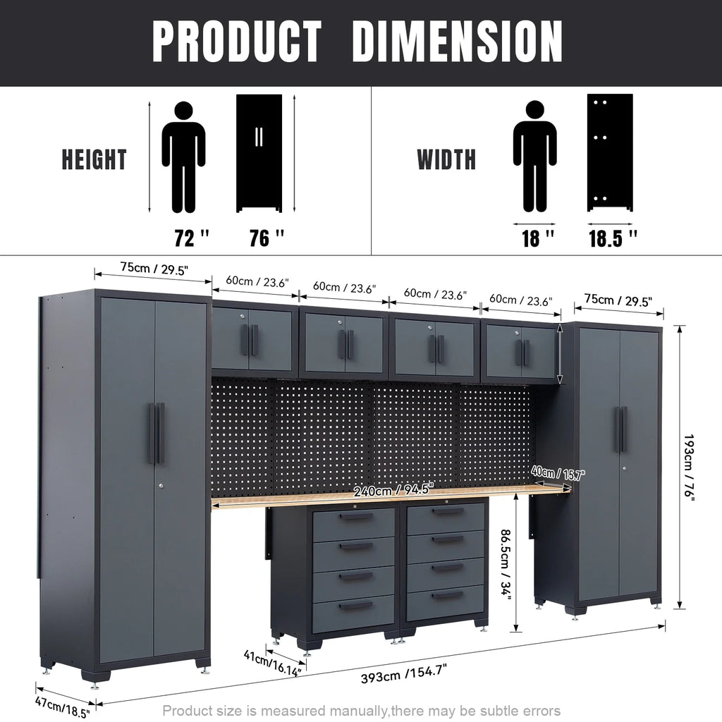 HPDMC Garage Storage Cabinet System 7-Pcs Workshop Set Metal Garage Cabinets System with Steel Cabinet Drawers, Workbench, Pegboard for Garage Tool Organization