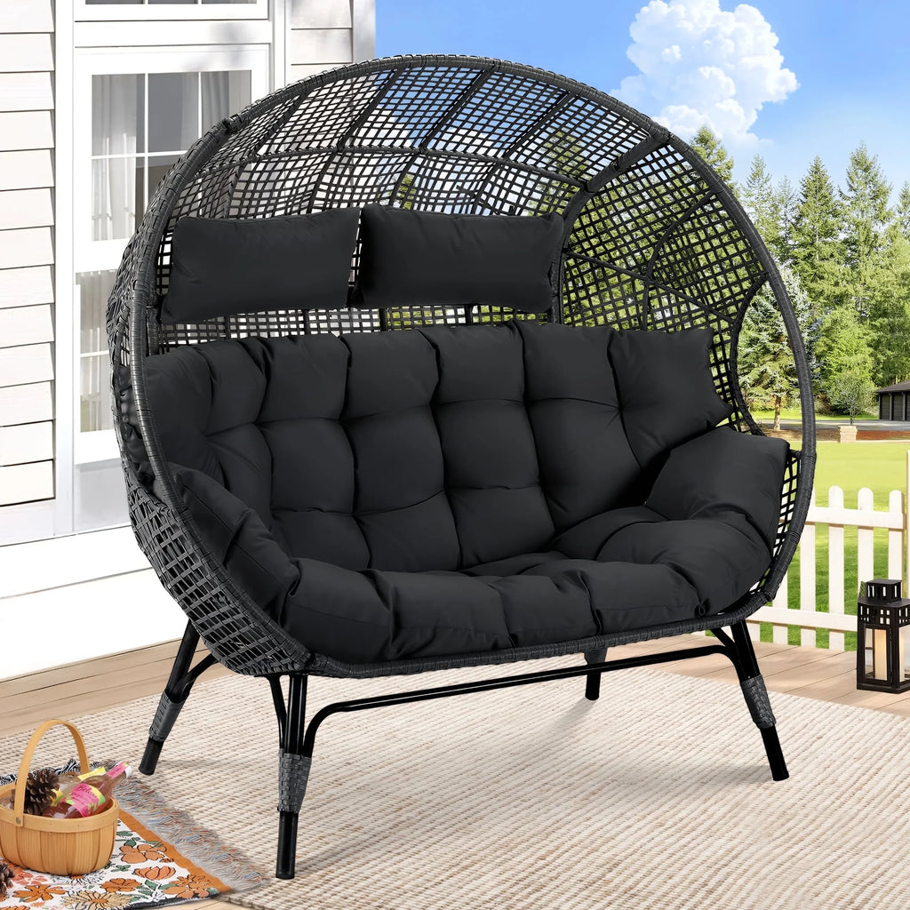 RADIATA Double Egg Chair for 2 Person, Oversized Wicker Loveseat with Thick Cushions, 680 lbs Capacity, Indoor Outdoor Stationary Patio Lounge Chair for Balcony, Garden, Beige