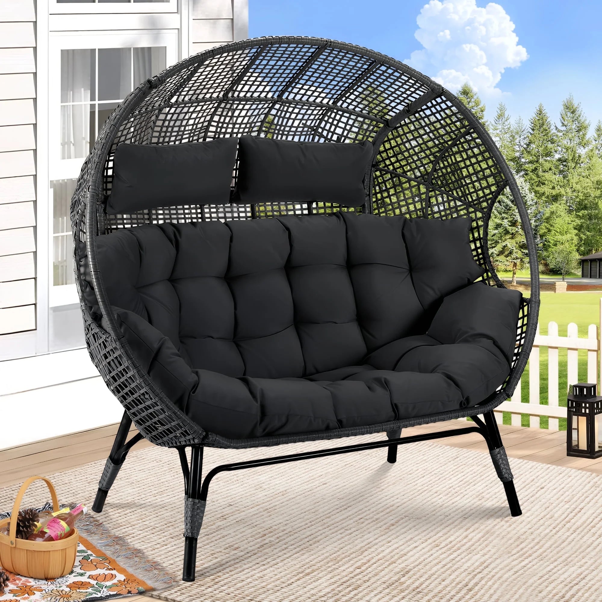 RADIATA Double Egg Chair for 2 Person, Oversized Wicker Loveseat with Thick Cushions, 680 lbs Capacity, Indoor Outdoor Stationary Patio Lounge Chair for Balcony, Garden, Beige